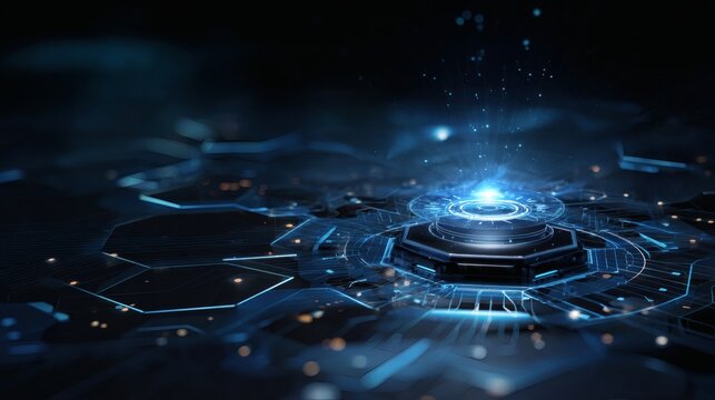 Blue futuristic background with radiant circuit architecture and patterned hexagons orbiting a digital core 