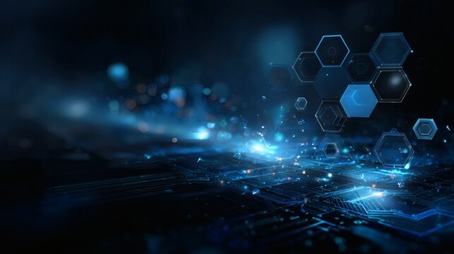 Advanced sci-fi blueprint background with tech-blue illumination, connected digital circuits, and floating hexagon meshes 