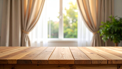 Wooden Table Top with Blurred Background and Half Curtailed Window Light

