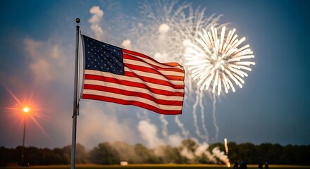 Fototapeta premium Flag & Fireworks: Evening Celebration Under a Patriotic Sky