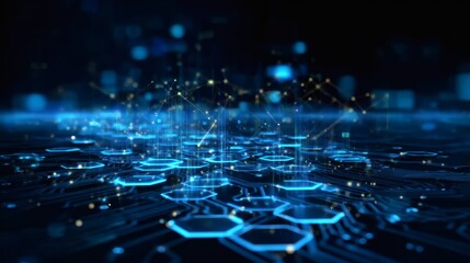 High-resolution blue digital background with circuit light paths and smooth-floating hexagons arranged symmetrically 