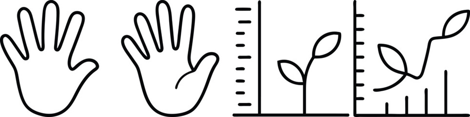 Obraz premium Simple Hand Drawn Icons Set of Hands and Growing Plant with Ruler for Measuring Growth...