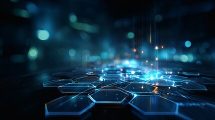 High-resolution blue digital background with circuit light paths and smooth-floating hexagons arranged symmetrically 