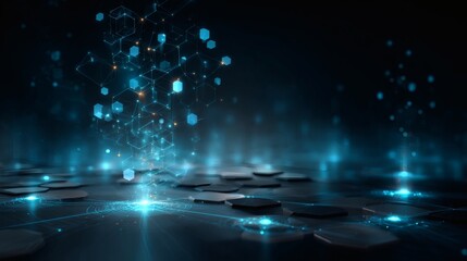Glowing blue tech visualization with interconnected lines and levitating hex shapes on a dark gradient background 