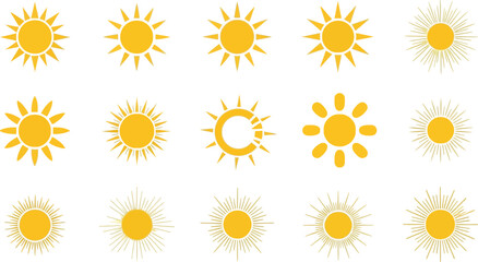 Fifteen yellow sun icons with varying ray styles on a white backdrop