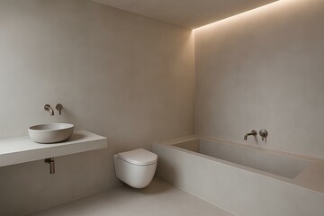 Minimalist bathroom with microcement walls, hidden lighting, and built-in bathtub