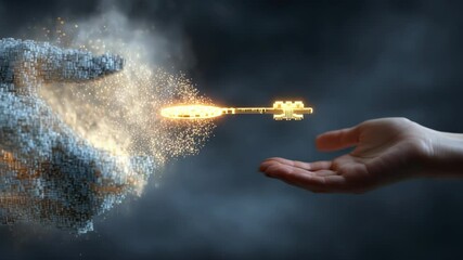 A luminous golden key, intricately designed, floats from a digital hand to a waiting palm in a captivating, ethereal setting. Light dances and sparks create a sense of wonder. - Powered by Adobe