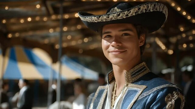 A proud dancer in a charro suit with a hat on a plaza