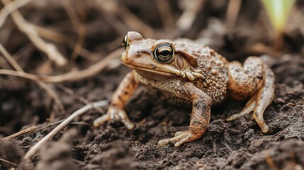 Fototapeta premium A close-up of a brown toad resting on dark soil with a blurred natural background.