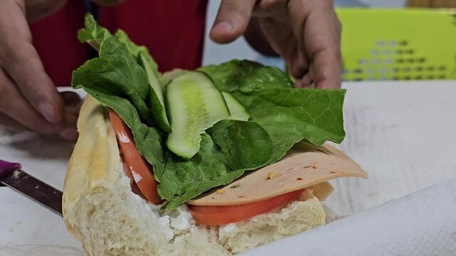 Hands assembling a fresh deli sandwich on a roll with lettuce, tomato, sliced meat, and pickles. Ideal for food prep or healthy eating concepts.