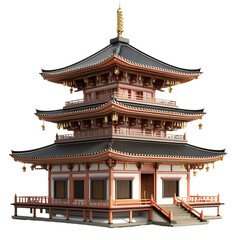 Three-story wooden Japanese temple with white background