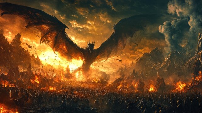 Fierce dragon amidst apocalyptic battle