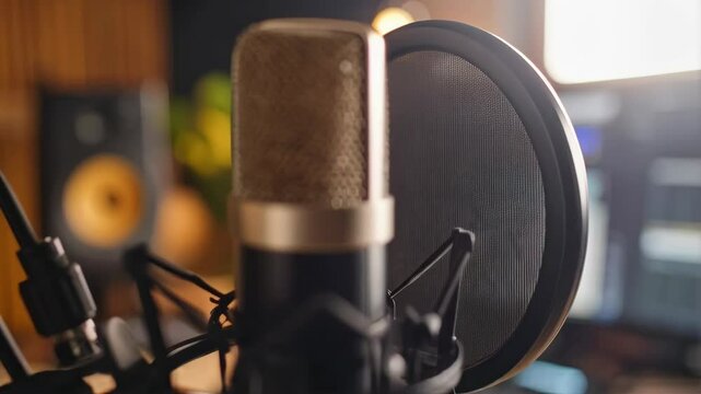 Condenser microphone and pop filter in a recording studio environment, speaker and computer monitor in the background.