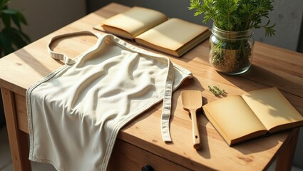 A light colored apron lies on a wooden table next to an open book a wooden spatula and a jar of fresh green herbs