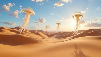 A desert scene with three jellyfish floating in the sky - Powered by Adobe