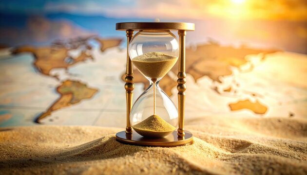 Hourglass on sandy terrain with a world map backdrop at sunset, symbolizing the passage of time