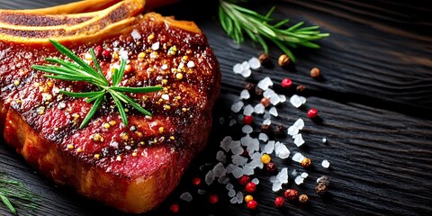 Steak on the bone. On a black wooden background. Top view. Space for text