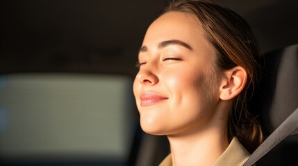 A young woman with closed eyes smiles peacefully while sitting in a car, wearing a seatbelt and enjoying a calm moment.
