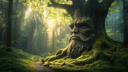 Mystical forest with ancient tree face