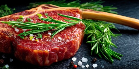 Steak on the bone. On a black wooden background. Top view. Space for text