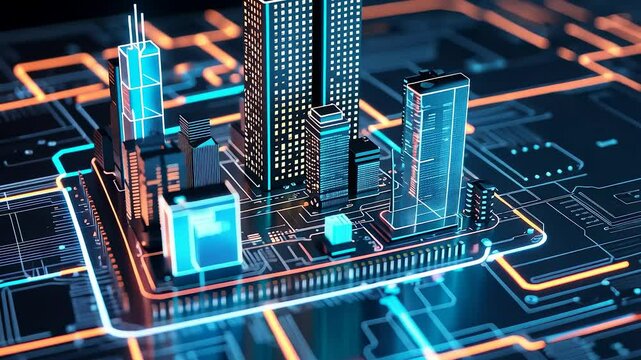 Futuristic Digital City Model with Glowing Circuit Lines and Highrise Skyscrapers on a Microchip Surface in Blue and Orange Light

