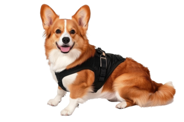Happy corgi dog wearing black harness sitting gracefully with a joyful expression against a bright background, showcasing its playful and friendly personality