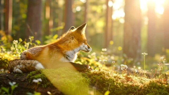 Orange Fox Resting On Moss Covered Log In Sunny Forest with Sunlight