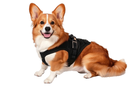 Happy corgi dog wearing black harness sitting gracefully with a joyful expression against a bright background, showcasing its playful and friendly personality