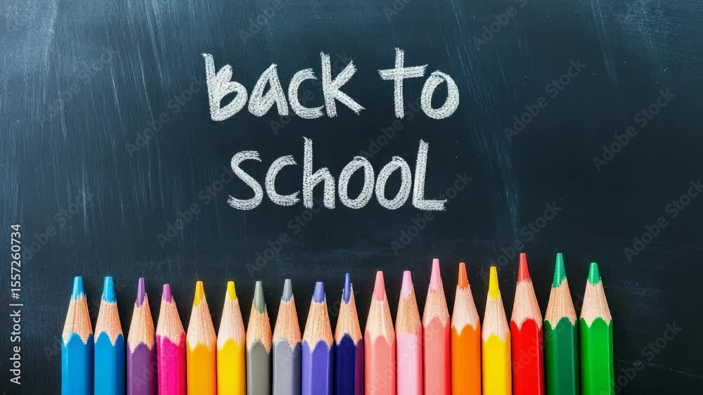 Aufkleber colorful pencils are lined up at the bottom of a blackboard with the words back to school written in