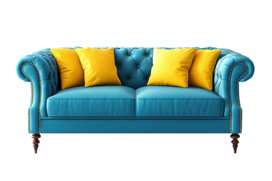 A blue sofa with yellow pillows on a white background.