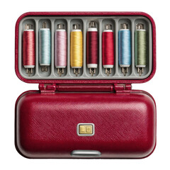 Open case with spools of thread in assorted bright colors on transparent background