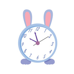 Cute alarm clock with rabbit ears and paws on a white background. Vector illustration.