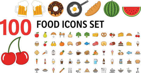 Obraz premium Illustration of various food and drink icons arranged on white background