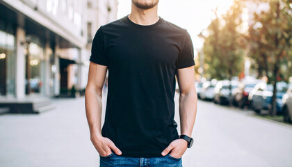 Young Boy Wearing Black T Shirt Mockup Outdoors in Natural Daylight Urban Street Scene
