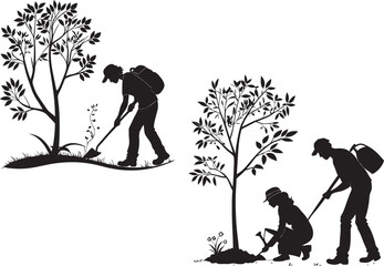 Tree Planting Activity Silhouettes . Environmental Awareness .