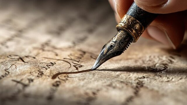 A hand delicately guides a beautifully crafted fountain pen, capturing thoughts on ancient parchment. The art of writing unfolds in a tranquil setting filled with nostalgia.