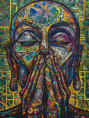 Obraz premium Vibrant abstract artwork depicting a human figure with intricate patterns and colors, emphasizing emotion and spirituality. Generative AI