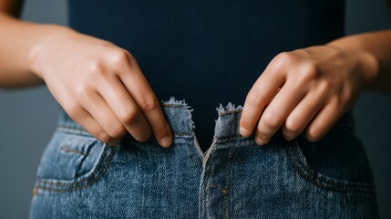 A person struggles to button tight, frayed denim jeans, highlighting issues with fit and wear.