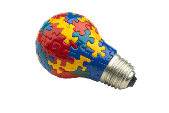 A light bulb made of colorful puzzle pieces isolated on a white background.