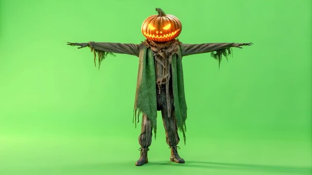 Spooky scarecrow with a glowing pumpkin head stands against a vibrant green backdrop, perfect for Halloween content creation and seasonal holiday promotions.