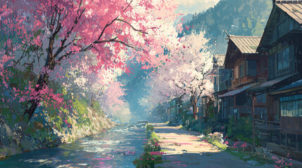 Idyllic Japanese Countryside with Cherry Blossoms in Spring
