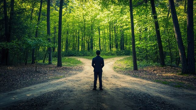 A man standing at a fork in the road in a forest representing the pressure of making the right decision - Powered by Adobe