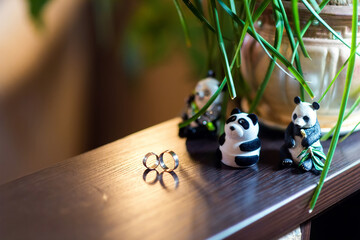 Panda decor with rings. Two wedding rings are set on a wooden shelf beside charming panda figures...