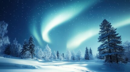 Fototapeta premium Snowy forest at night with aurora borealis