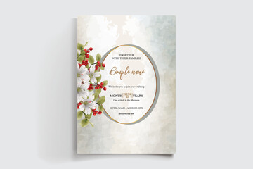 WEDDING INVITATION FRAME WITH FLOWER DECORATIONS AND FRESH LEAVES