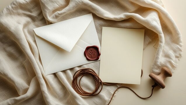 Elegant flat lay of a cream envelope with a red wax seal and a blank card on textured linen fabric - Powered by Adobe