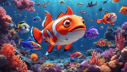 Cartoon clownfish swim above colorful coral reefs. The image may be used as an illustration, categorized as "Animals" in the Adobe Stock platform.

