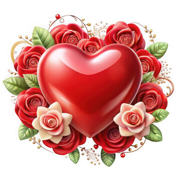 Red heart surrounded by roses and gold accents isolated on transparent background