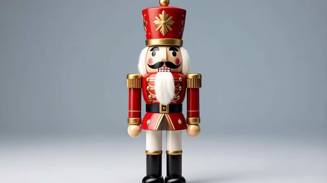 Decorative red and gold wooden nutcracker figurine with white hair standing at attention on a gray surface, perfect for holiday decor.