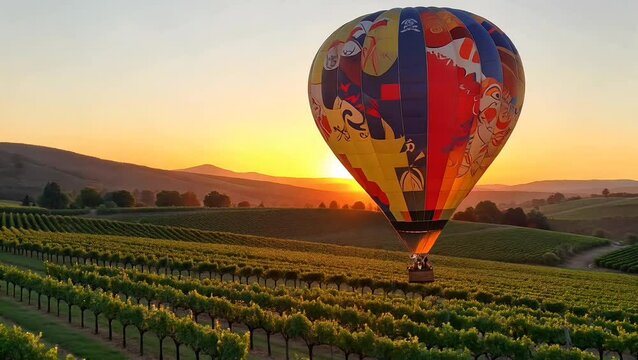 4K time lapse  of a vibrant hot air balloon floats gracefully above a lush vineyard at sunset, casting long shadows over golden vines. Warm colors & peaceful ambiance create a dreamy, romantic scene